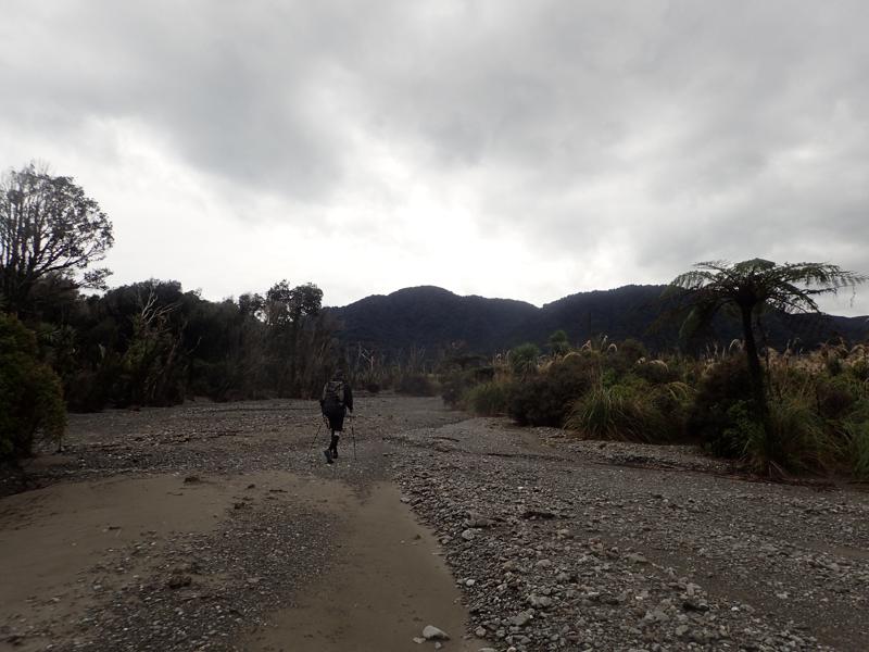 hiker walking on sandy gravel with trees around