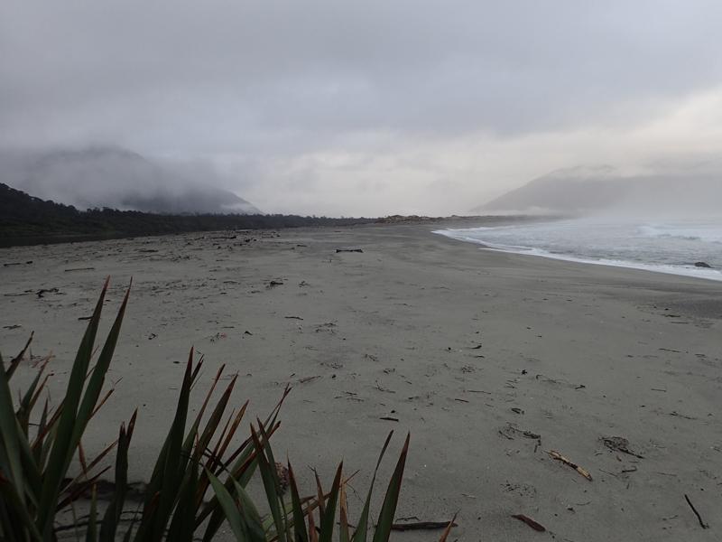 cloudy view of beach, trees and mountains in the distance
