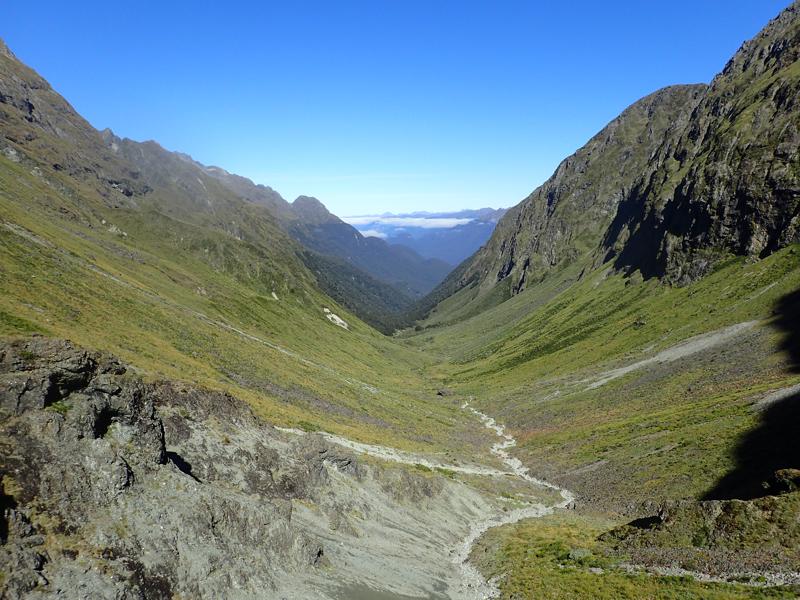 view down a valley with creek stretching away into trees