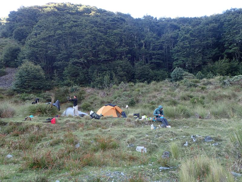 2 hikers at a campsite on the edge of the bush