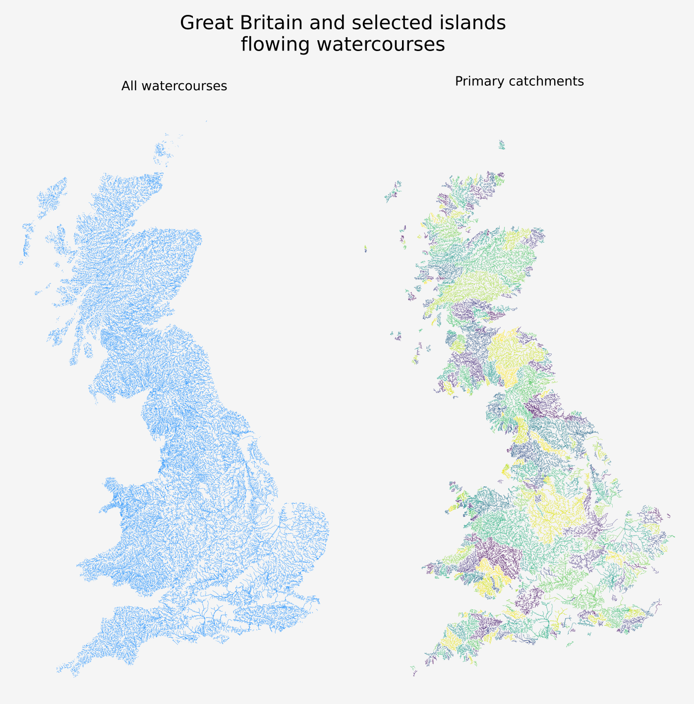 A map of all UK waterways in blue next to a map of only the larger catchments with a colour for each catchment